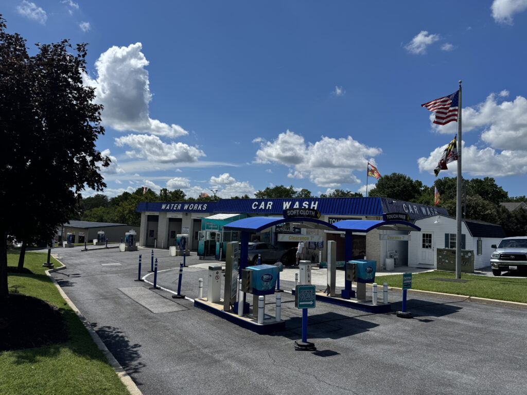 Water Works Car Wash entrance with Touch Free and All Cloth automatic wash bays